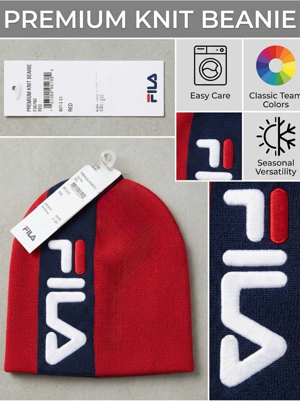 Fila Red and Navy Logo Knit Beanie